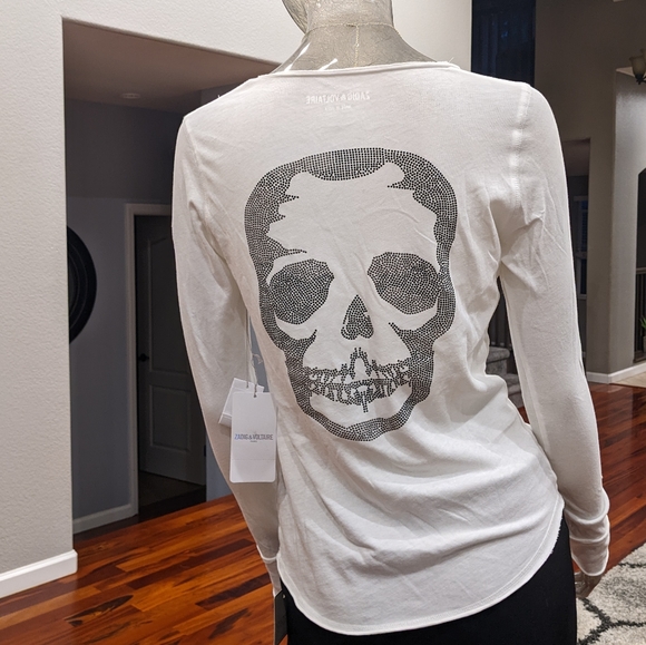 Zadig & Voltaire Tunisien Beaded Long Sleeve Skull Tee Size X Small Nwt ❤ - Picture 1 of 9